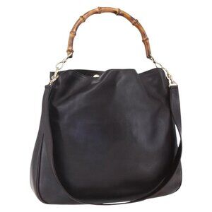 Authentic GUCCI Bamboo Shoulder Bag Leather 2way Black Gold 001 0166 1577